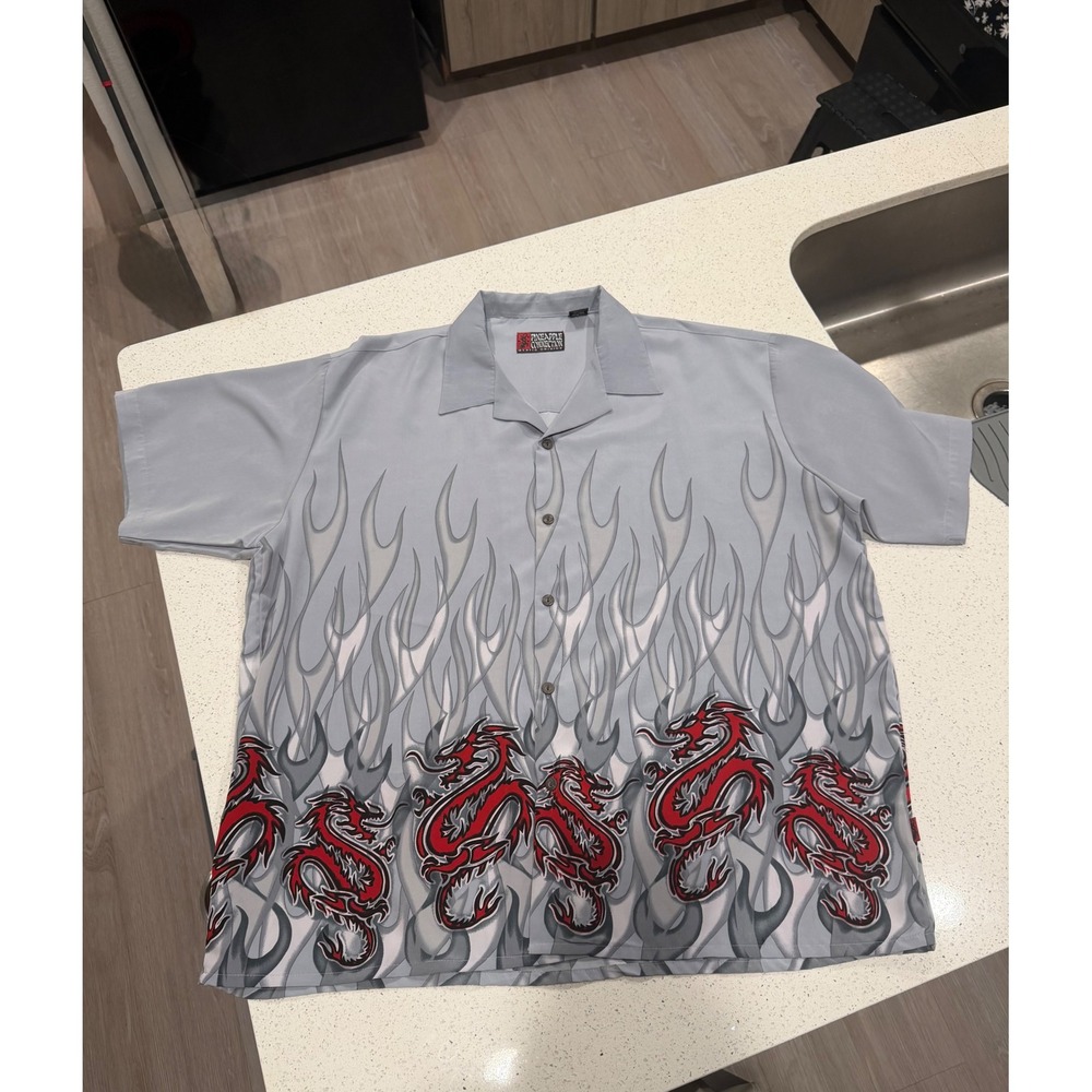 Vintage Pineapple Connection Dragon Flame Shirt Grey Red Y2K Skater Mens 2XB